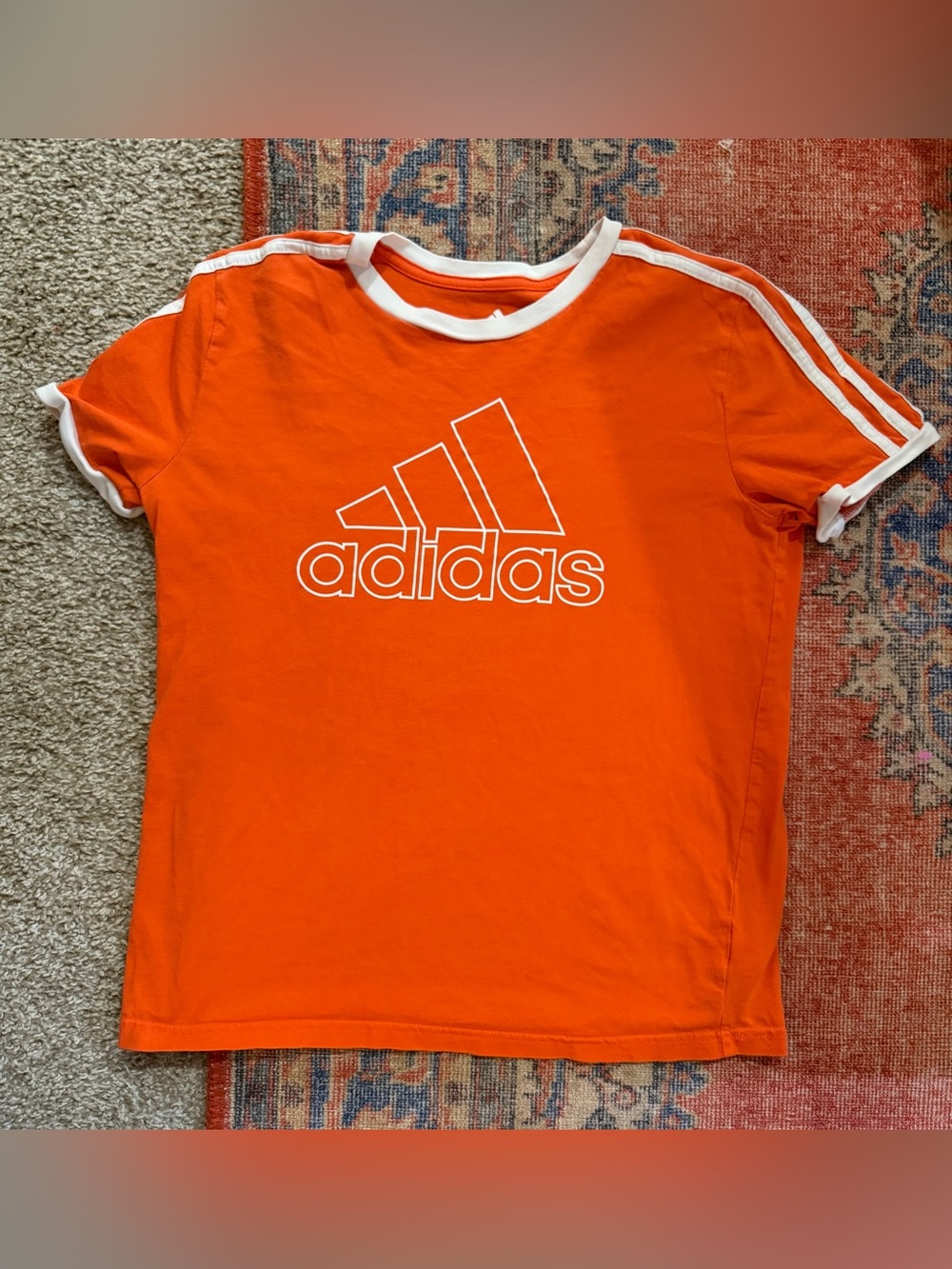 Adidas Girls sz 10-12 or women’s size S orange ringer t shirt white 3 stripe l